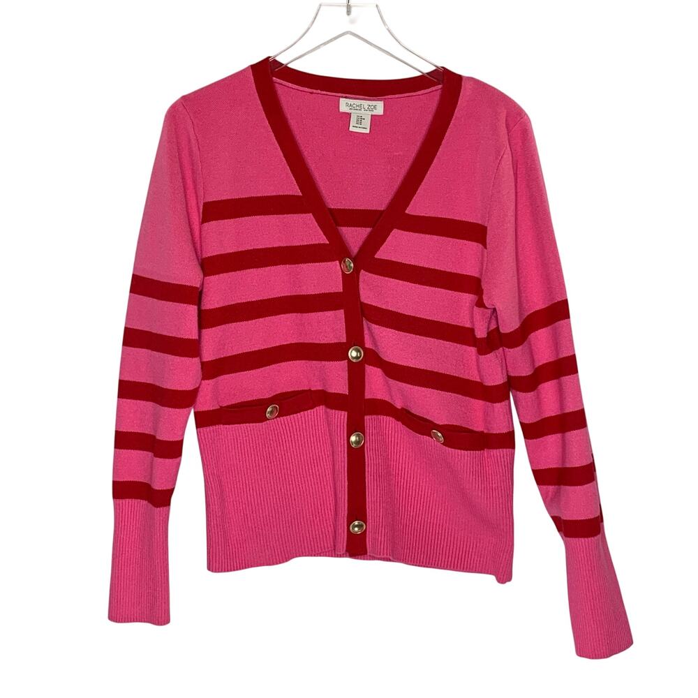 Rachel Zoe Pink Red Striped Cardigan Sweater M V-Neck Gold Button Preppy